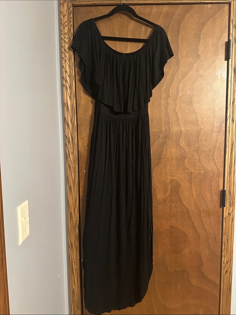 Classic Black Maxi Dress - Elegant Ruffle Neckline